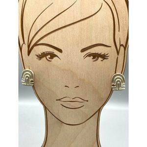 Modernist Mayan Rainbow Earrings, Brushed Silver Tone Vintage Clip Ons